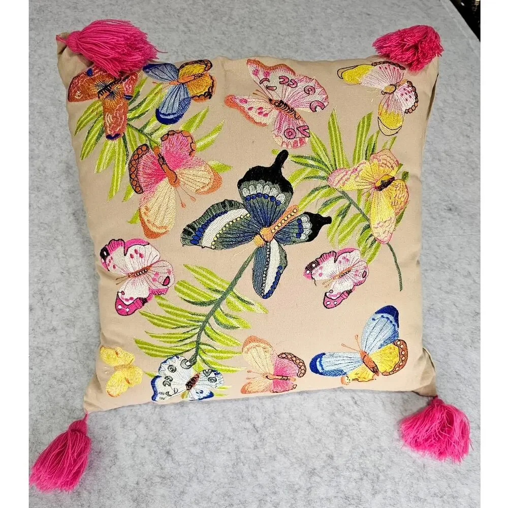 Magaschoni Home Embroidered Butterfly Throw Pillow, Pink Tassels, 18x18